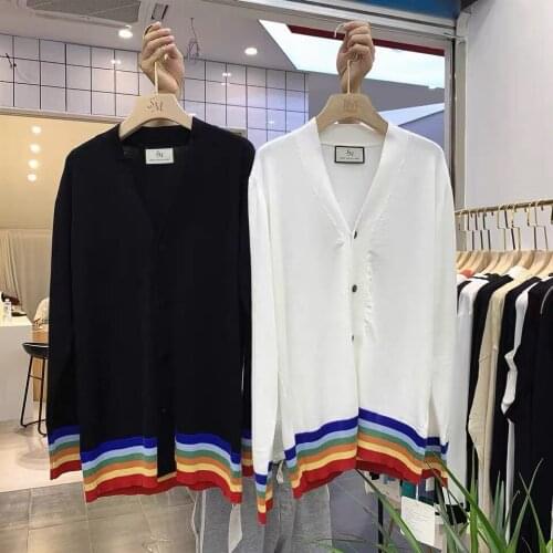 Mens Fashion Brand Color Bright Cardigan Sweater Top Long Sleeve Knit Sweater Striped V Neck Slim Pullover Luxury Sweater