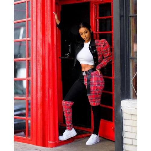 Plaid Denim 2 Piece Set Women Autumn Fashion Street Plaid Patchwork Skinny Jeans and Long Sleeve Jean Jacket Top 2 Piece Set