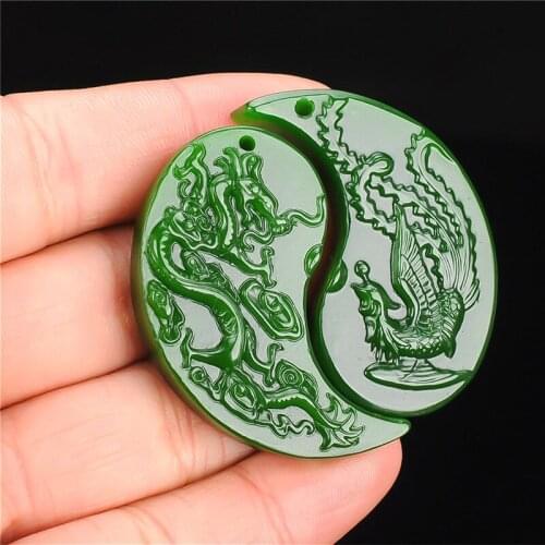 A Pair Dragon Phoenix Green Jade Pendant Chinese Necklace Hand-Carved Natural Charm Jewelry Fashion Amulet for Men Women Gifts