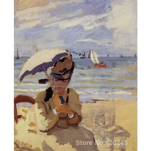 Gift custom Landscape Painting Camille Sitting on the Beach at Trouville by Claude Monet High Quality Hand painted