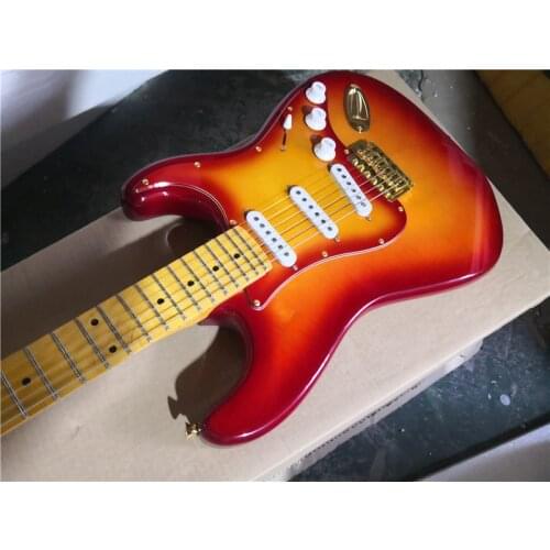 Custom 6 string cherry sunburst guitar,yellow neck ,SSS pickups,white switch,gold bridge,gold buttons