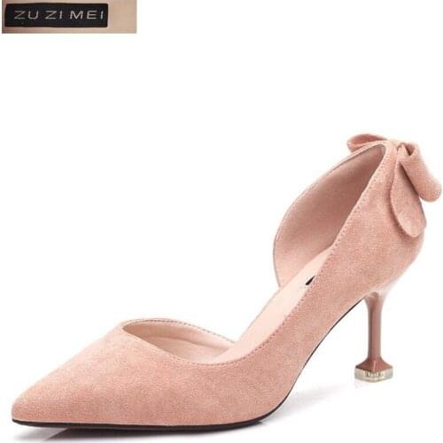 Woman basic High Heels Wedding Shoes Flock shallow Pointed Toe Classic Thin Heels 7CM Side space Bow Square Women Pumps