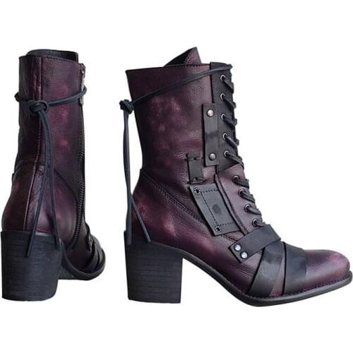 Retro Comfortable Lace-up Boots with Thick Heels PU Leather Pointed Toe Women Boots Best Sale-WT
