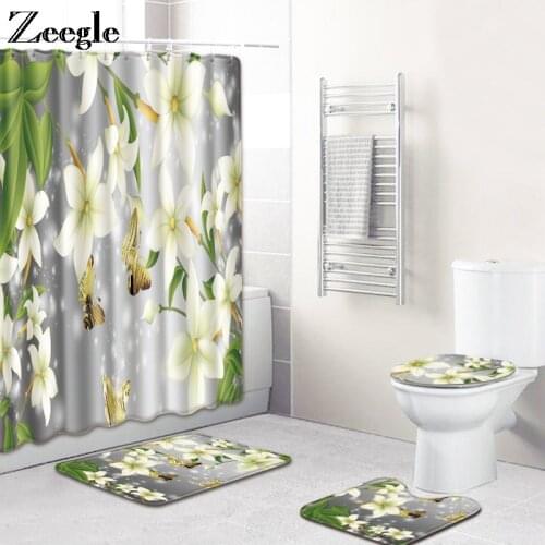 Floral Printed Shower Curtain for Bathroom Bath Mat Set Modern Bathroom Carpet Polyester Bathroom Curtain Accessories for Toilet
