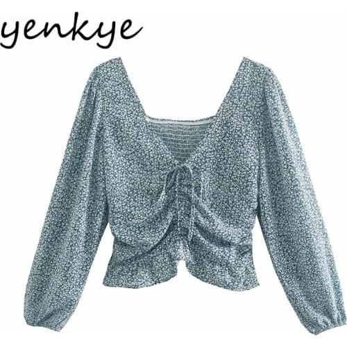 YENKYE Blue Floral Print Blouse Women Front Drawstring Sexy V Neck Long Sleeve Summer Crop Top Fashion Blusas