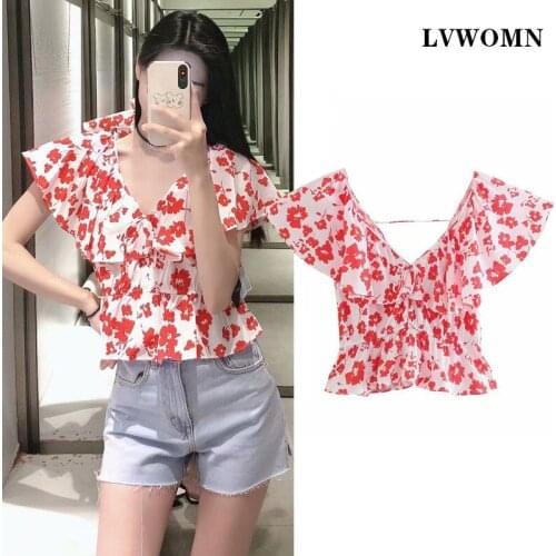 LVWOMN Za Women Summer Blouse 2021 Retro Floral Loose Ruched Sexy Blouses V Neck Bow Short Sleeve Female Shirts Blusas Chic Top