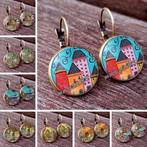 Colorful Painting Town City Bulidings Women Stud Earring Abstract Oil Painting House Glass Cabochon Womens Earrings