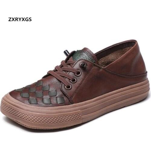 2021 New Premium Full Genuine Leather Hand-woven Womens Shoe Flat Platform Shoes Soft Sole Comfort Trendy Sneakers Casual Shoes