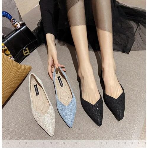 2021 Large Size Women Summer Black Casual Flat Shoes Women Flat Heel Ballet Pointed Toe Slip On Female Ballerina Casual Loafers