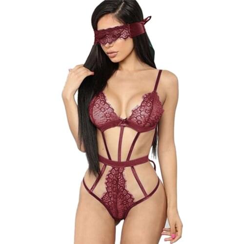 Female Sexy Lingerie, Solid Color One-Piece Underwear with Eye Patch for Women, Wine Red/Green/Black