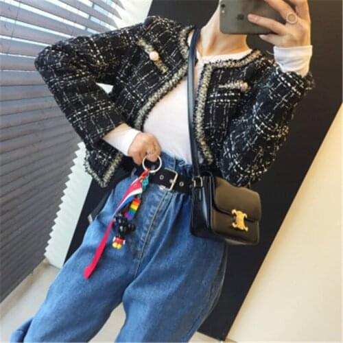 Womens Retro Short Tweed Coat Spring Fall Korean Chic Casual Hit Color O-neck Single Breasted Cropped Females Jackets Outwear