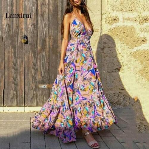 Boho Floral Print Maxi Dresses Women Vintage Backless Sleeveless Sexy Deep V Neck Summer Strap Dress Long Vestidos