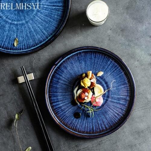 1PC RELMHSYU 8.5Inch 10Inch Nordic Style Kiln Blue Series Ceramic Flat Deep Steak Breakfast Dish Large Dinner Plate Tableware