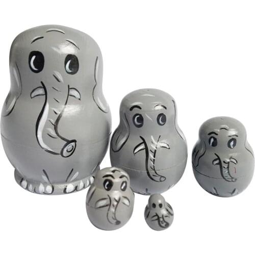 5pcs/ sets Wooden Russian Nesting Dolls Elephant Pattern Matryoshka Decoration Toy Christmas Birthday Gift for Children