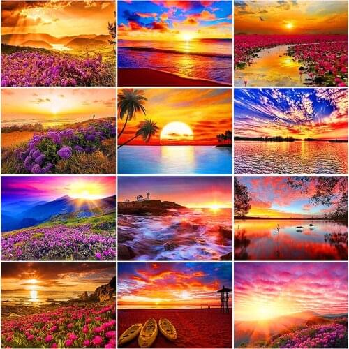 5D DIY Diamond Painting Sunset Coastal Landscape Full Square Diamond Embroidery Picture Rhinestone Mosaic House Decoration Kit