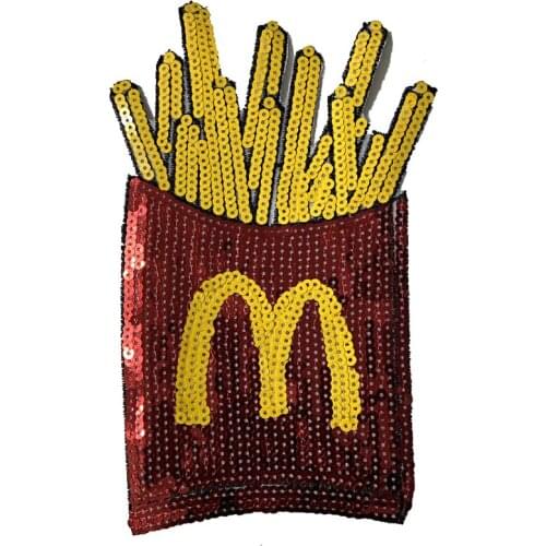 New Sequins M French Fries Patches Iron on Embroidery Appliques for T-shirt Chips Sequined Patch Sewing DIY Decoration 1 Piece