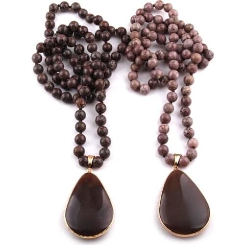 Free Shipping Fashion Bohemian Tribal Jewelry Semi Precious Stones Long Knotted Brown Stone Drop Pendant Necklace