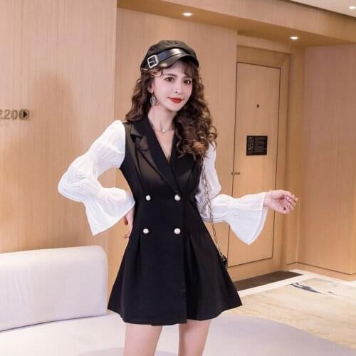 COIGARSAM Patchwork Women one-piece dress korean New Puff Sleeve Dresses Black 6976