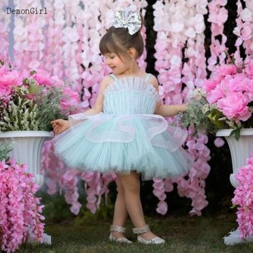 Kids Glitter Tulle Celebrity Dresses Straps Flower Girls Dresses Shiny Kid Birthday Dress New 2021