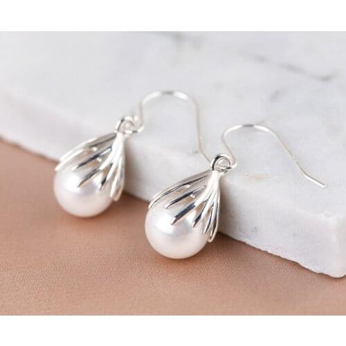 FNJ 10mm Shell Pearl Earrings 925 Silver 100% Pure Original S925 Silver Sterling Drop Earring for Women Jewelry