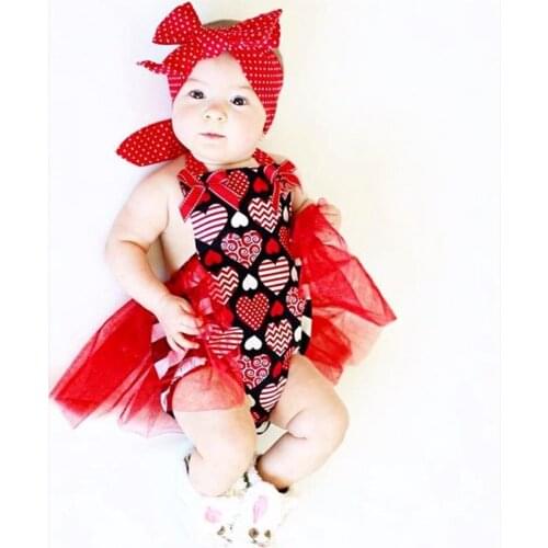 Qunq Valentines Day Baby Romper with Headband 2021 New Red Mesh Lovely Heart Infant Girls Clothes Summer Bow Newborns Costume