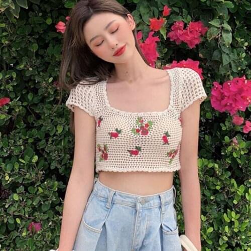 Summer New Slim Floral Knit T-Shirt Women Crochet Square Neck Short-sleeved Blouse Short Sweater