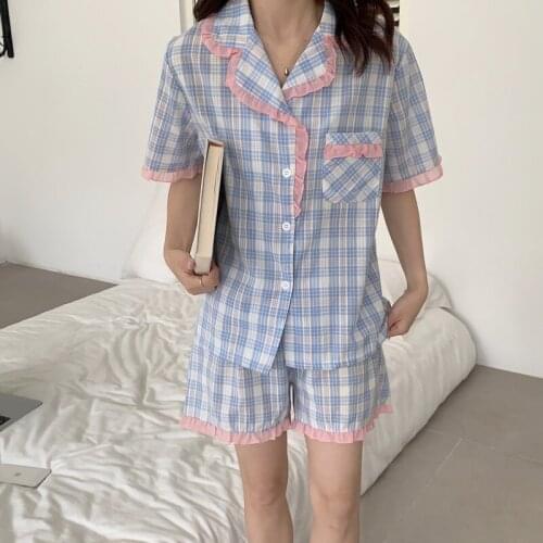 Cute sweet pajama set summer plaid sleepwear home suit 2 piece set single breasted blouse shorts pijama korea homewear Y506