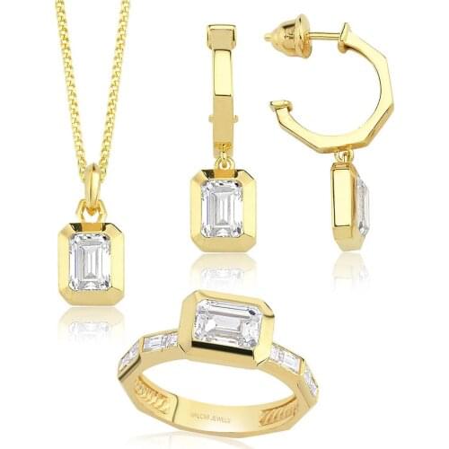 Valori Jewels 4 Carat, Zirconia White Octagon Gemstone, Gold Plated, Sterling Silver Trio Set