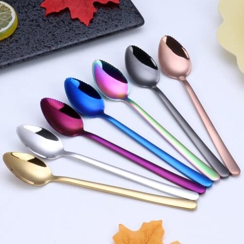 Colorful Coffee Spoon 304 Stainless Steel Long Handle 7 Color Korean Mixing Spoons Set Dessert Long Ice Kitchen Scoop