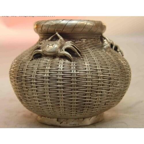 Folk White Copper Silver Fengshui Crab Pot Jar Crock Fish Basket Fishbowl Statue