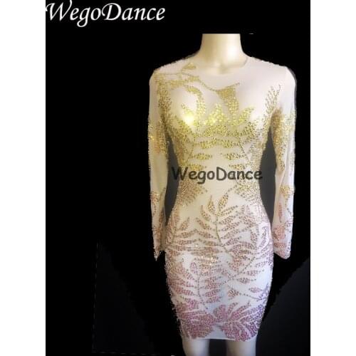 New Women Sexy Clothing Shining Gold Pink Rhinestones See Through Dress Birthday Perspective Strech Dresses Stage Costume