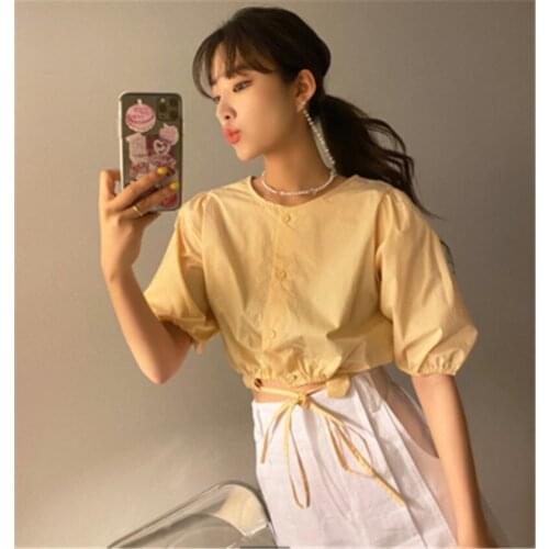 2020 New Arrivals Summer Camiseta Femme Korean Chic O-neck Puff Sleeve Lace-up Stylish Tee Can Wear Two Both Front and Behind