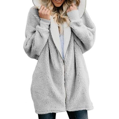 New Faux Fur Zipper Closure Long Sleeve Cardigan Winter Zipper Pockets Loose Coat Plush Mid-Length Hooded Women Coat Outerwear