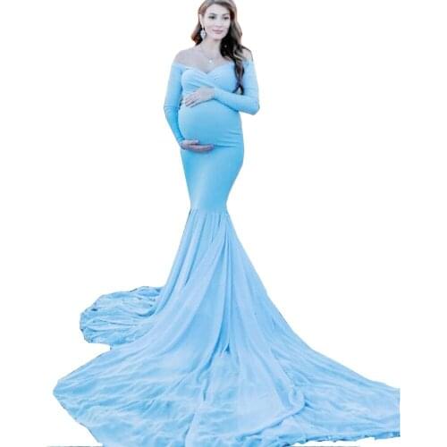 V-Neck Long Tail Patchwork Shoulderless Maternity Dresses For Photo Shoot Photography Props Dresses For Pregnant Women Maxi Gown