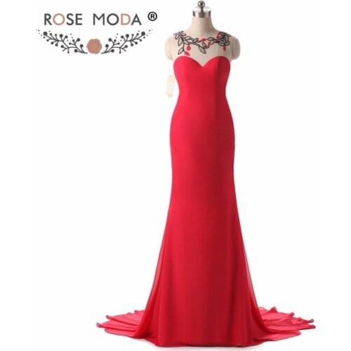 Rose Moda Red Mermaid Evening Dress Crystal See Through Back Evening Dresses with Flowers Xmas Party Dress 2019