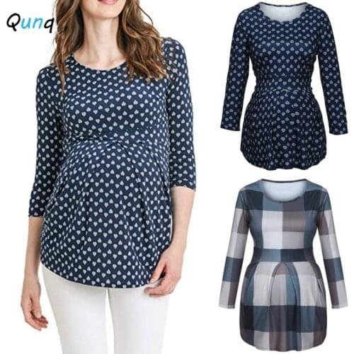 Qunq Maternity Shirts N-neck Spring Fall Pregnant Woman Tops Clothes Floral Plaid Casual Female Tees Pullovers Outfits 2020 New