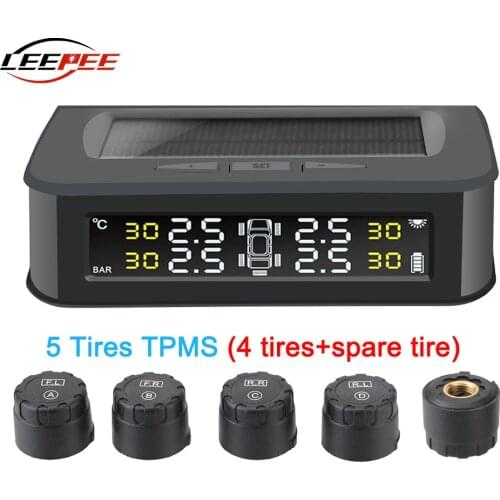 5 Sensors Wireless TPMS Car Tire Pressure Monitoring System Tyre Diagnostic Alert Solar USB Digital Auto Accessories Electronics