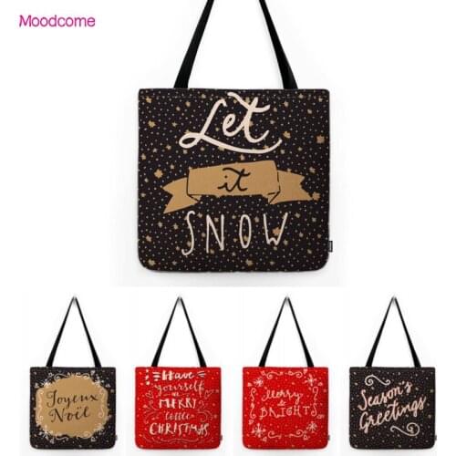 Cozy Warm Sweet Christmas Wish Letter Print Black Red Cotton Linen Water Resistant Grocery Shopper Shopping Bag Xmas Tote Bag