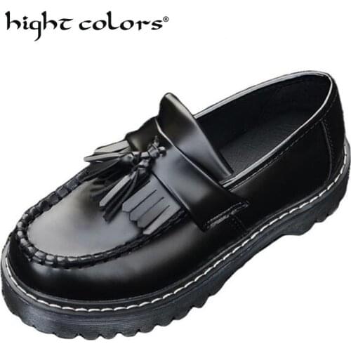 High Quality Women oxfords Flats Platform shoes PU Leather Tassel Slip-on pointed Creeper black Brogue Loafers Brand
