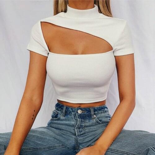 Womens Sexy Hollow Out T-shirt Solid Color Turtleneck Backless Slim Fit Knitted Short Sleeve Crop Top 2021 New Female Clothes