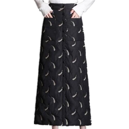 Women Warm Padded Skirt Black embroidered Long Skirt Ankle Length Fall Winter Thick Skirt Plus Size 3XL