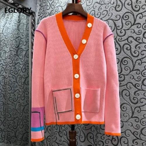 2021 Spring Fashion Sweater Cardigans High Quality Women V-Neck Pocket Patchwork Long Sleeve Casual Pink Knitted Tops Coat Lady