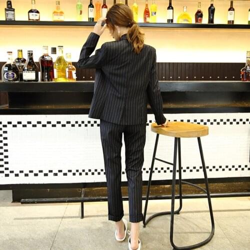 Korean Fashion New 2020 Vintage Striped Blazer Women Double Breasted Vintage Business Suits Ladies 2 Pieces Sets LX2145