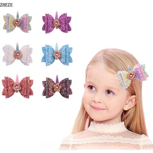 1PC Retail 2019 New Glitter Sequin Bow Shimmery Unicorn Hair Clips Pearls Floral Unicorn Hair Accessories For Kids Headwear