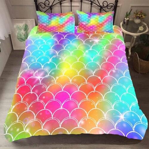3pcs Fish Scales Bedding Colorful Mermaid Scale Bedding Rainbow Scales with Sparkles Stars Quilt Cover Queen Kids Girls Dropship
