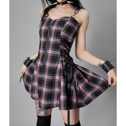 Gothic Plaid Print Mini Dresses Summer Grunge Punk Black A Line Dress Partywear Harajuku Sexy Lace Up Dress