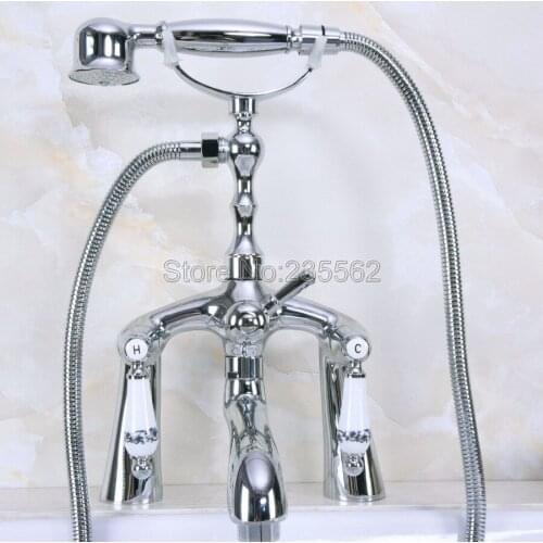 Chrome Deck Mount Bathroom Tub Faucet Dual Handles Telephone Style Hand Shower Clawfoot Tub lna102
