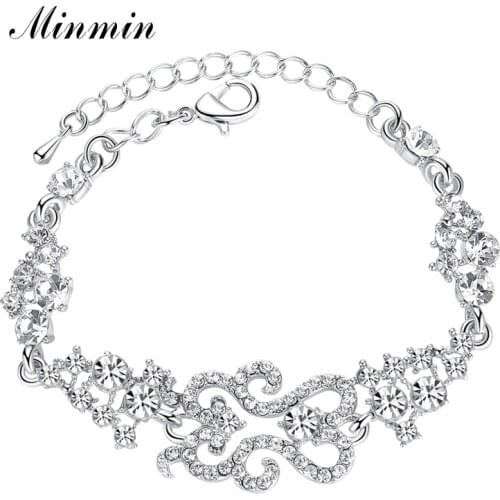 Minmin Classical Design Bracelet Silver Color Crystal Link Bridal Bracelets for Women Fashion Bangles Wedding Accessories SL023