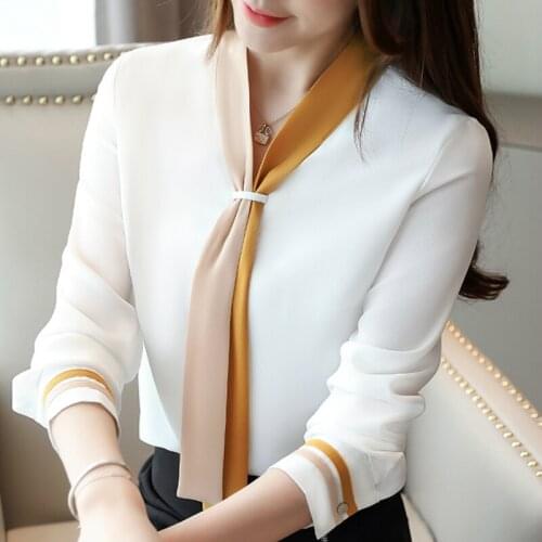 Fashion Woman Blouses 2021 Bow Tie V-neck Office Ladies Tops Long Sleeve Chiffon Blouse Women Tops Womens Tops And Blouses C35