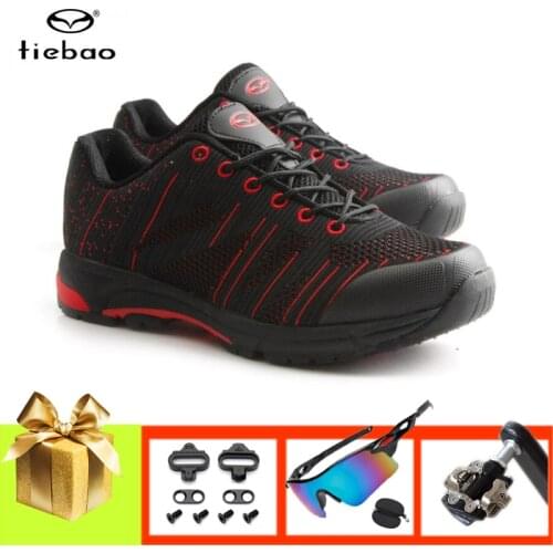 TIEBAO Leisure Cycling Sneakers Men Women Breathable Self-locking Flying Woven Mountain Bike Shoes Add SPD Pedals Racing Outdoor